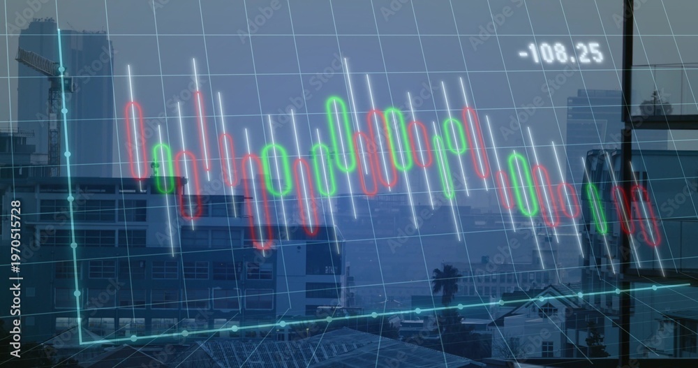 Fototapeta premium Overlaying digital candlestick chart, teal line across room window showing -108