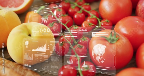 Displaying vine cherry tomatoes with larger tomatoes, peaches, grapefruit on wooden tabletop, HUD