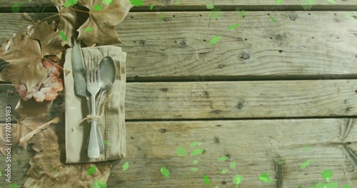 Breeze lifting leaves and sending green specks as tied cutlery resting on linen napkin evoking fall
