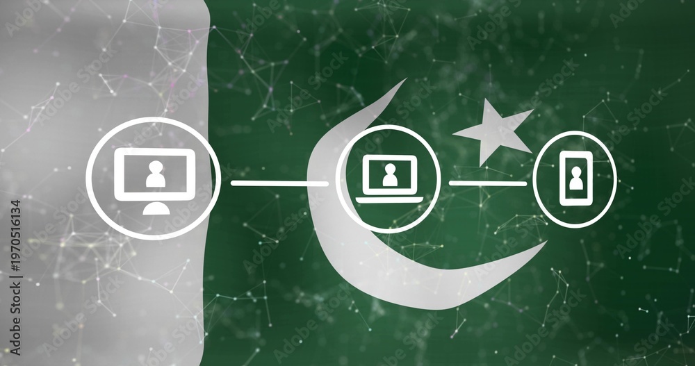 Fototapeta premium Displaying stylized green flag linking device icons at center, with crescent star and left stripe