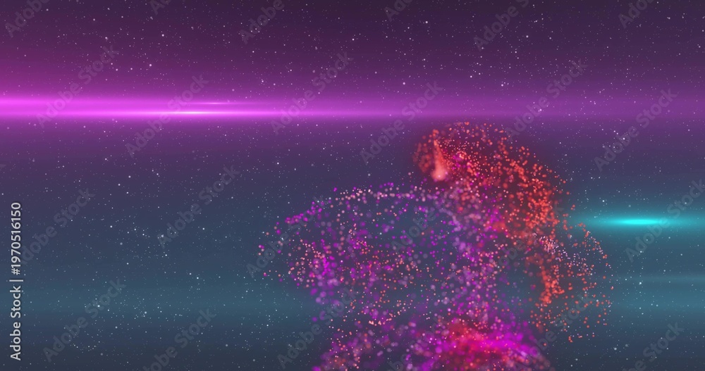 Naklejka premium Drifting dense purple particle cloud right of space scene, showing cyan streak, magenta band, stars