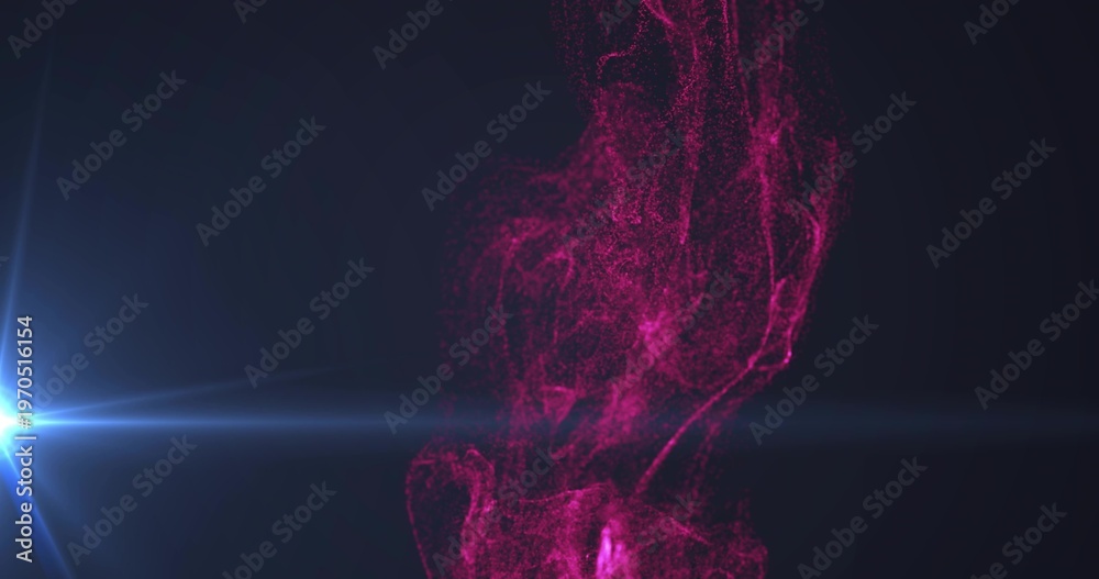 Fototapeta premium Rising magenta particle plume glowing and swirling in dark studio, with starburst flare and streak