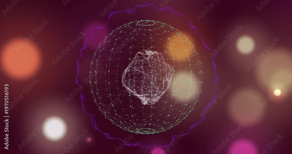 Obraz premium Glowing central wireframe sphere pulsing with mesh core and purple waveform in digital space, bokeh