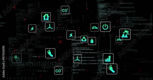 Displaying teal cluster showing CO2, wind, plug on cyber dashboard, with code and red alerts
