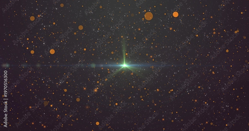 Obraz premium Glowing central green star making spikes, lens flare in deep space, with amber bokeh, faint band