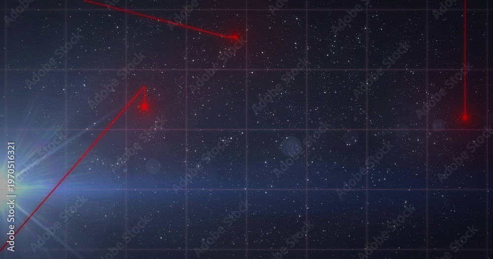 Obraz premium Displaying stylized starfield with grid overlay and red laser target nodes in deep space