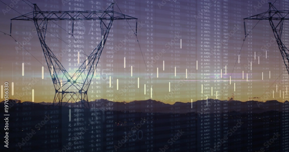 Fototapeta premium Silhouetting steel lattice transmission tower centering at dusk over mountain ridge, showing data