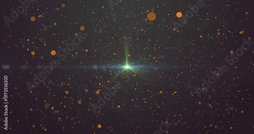 Glowing central green star making spikes, lens flare in deep space, with amber bokeh, faint band