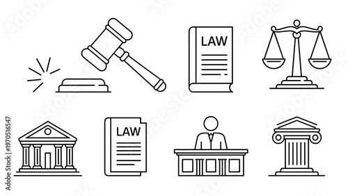 Minimal Judge Gavel & Court Law Icon Set Justice Hammer, Legal Symbols Line Art Collection