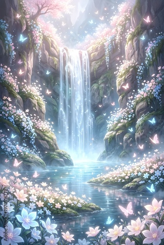 Enchanted Waterfall in a Dreamlike Fairy Tale Garden