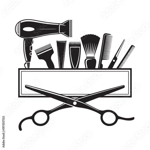 Barber tools and hair styling equipment arranged in a black and white illustration