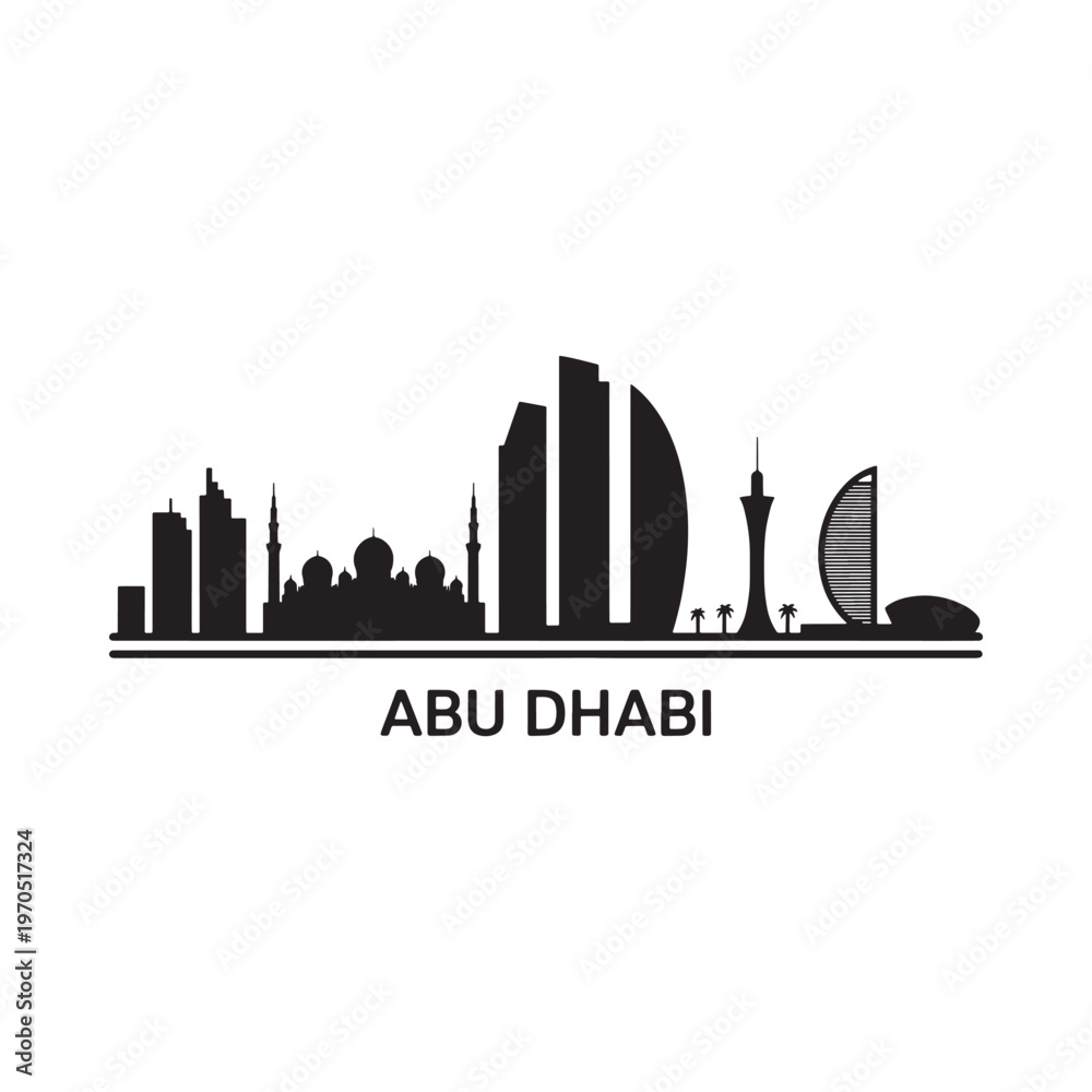 Obraz premium A silhouetted skyline of abu dhabi with prominent buildings and palms