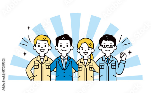 元気に肩を組む、社長・経営者と作業服を着た男性社員・女性社員の上半身ベクターイラスト素材