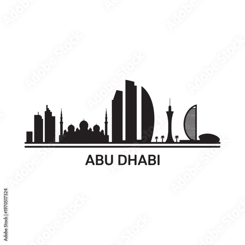 A silhouetted skyline of abu dhabi with prominent buildings and palms