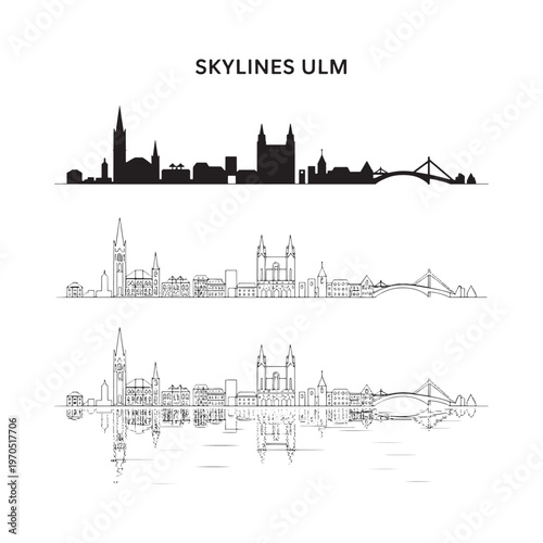 Ulm skylines A black and white illustration of the german city