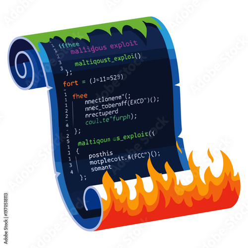 Malicious Code Burning Scroll Flat Vector Illustration