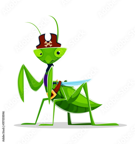 Cartoon praying mantis animal ship crew character dressed as a captain wearing crossbones tricorn hat. Isolated vector fantasy game or book insect swashbuckler personage ready for nautical adventure
