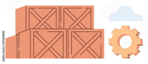 Warehousing, logistics, cloud storage, supply chain, industrial processes, organization. Wooden crates, a cloud and a gear icon. Warehousing and logistics management concept