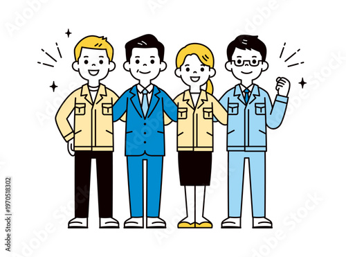 チームワークで頑張る、団結する、社長と男性従業員と女性事務員の全身ベクターイラスト素材