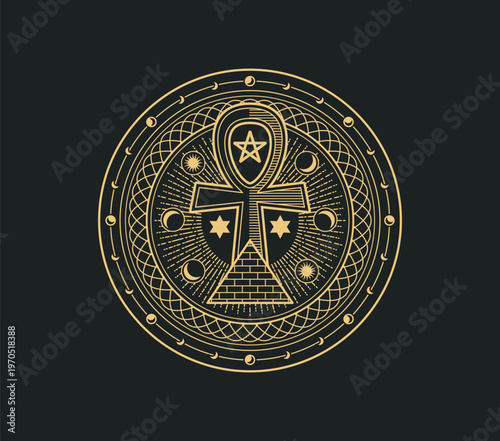 Mystical, magic and astrology occult symbol with Egyptian ankh and pyramid. Golden celestial stars, crescent moon, and radiant sun in occult vector symbol for spiritual jewelry design, and talisman