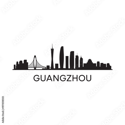Guangzhou skyline silhouette with prominent towers and the Pearl River Bridge