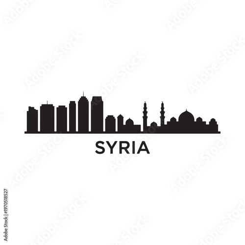 Syria skyline silhouette with the country name displayed below the buildings