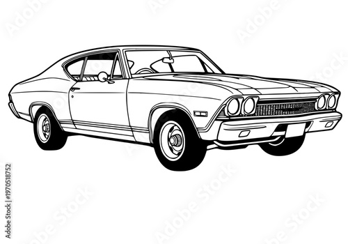Classic American Muscle Car Vector Illustration - Vintage 1960s Sports Coupe Line Art