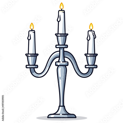 three-armed silver candelabra candle holder flat vector illustration