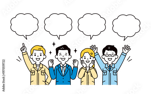 吹き出しと、製造業・建築業で元気に働く男女の従業員と社長の上半身ベクターイラスト素材セット