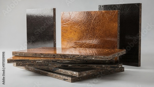 Medium shot featuring laminated recycled leather composite panels with glossy surfaces illustrating innovative reuse of offcuts in modern design.