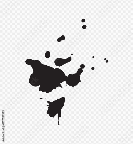 Vector black ink brush blots, grunge design element, mud banner, watercolor design, dirty texture. Isolated brush strokes on transparent background