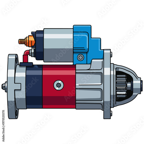 Side Profile Automotive Starter Motor Flat Vector Illustration