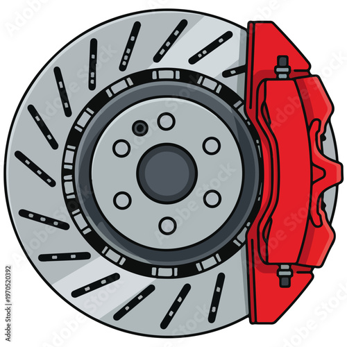 slotted brake rotor and red caliper flat vector illustration