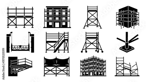 Scaffolding Icon Set – Construction Scaffold Structures, Building Framework and Industrial Safety Vector Collection