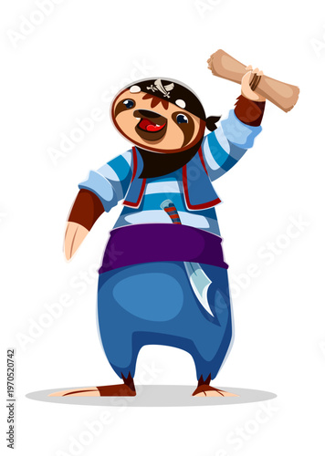 Cartoon sloth animal pirate crew character holding a scroll. Vector lazy and funny corsair wears a bandana, stands cheerfully with a saber on belt, ready for treasure hunt adventures on the high seas