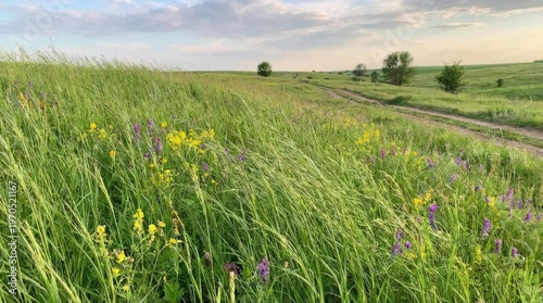 Green grassy field with wildflowers.