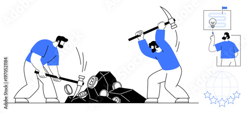 Business teamwork, resource extraction, innovation, effort, goal achievement, global industry, collaboration. Workers mining resources with tools. Teamwork and resource extraction concepts