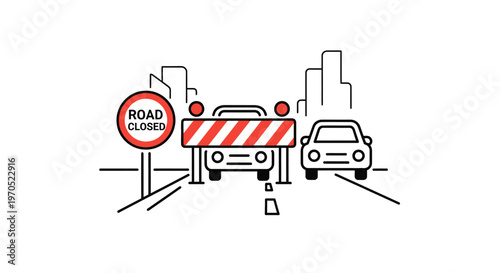 Road closure sign with cars.