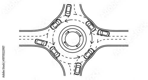 Cars driving around a traffic circle.
