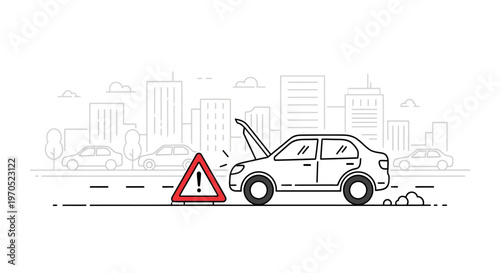 Car with warning triangle on road.