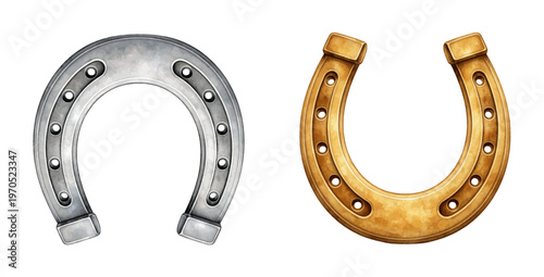 Photos A charming watercolor collection of lucky horseshoes featuring silver and golden metal symbols with rustic western charm illustrated in a classic decorative style