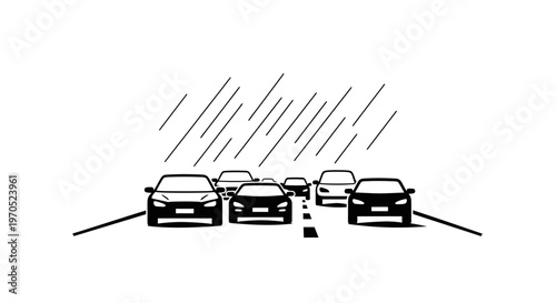Cars Lineup on Roadway Facing Forward.