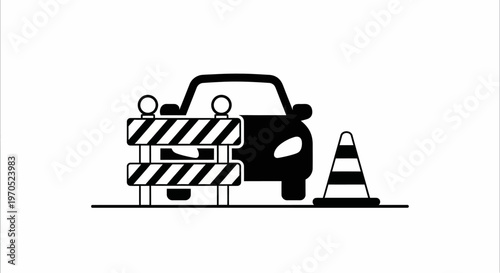 Black car with road block signs.