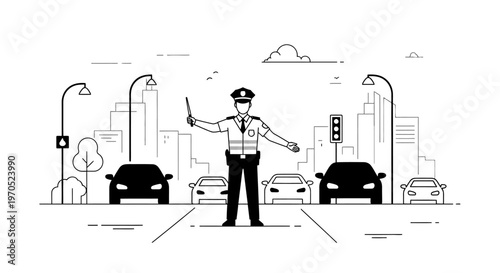 Traffic Officer Directing Vehicles On Road.