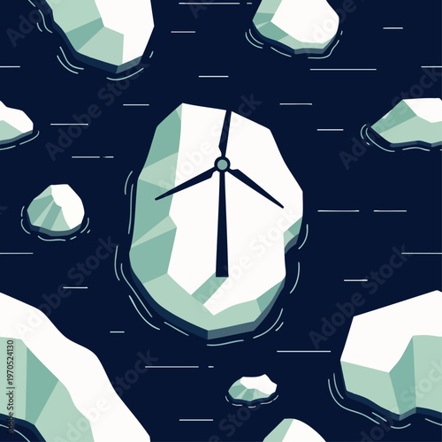 Wind turbine on iceberg in dark water, symbolizing renewable energy and climate change challenges