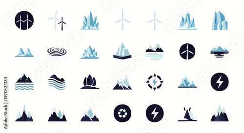 Set of icons representing renewable energy, nature, and landscapes, including wind turbines, mountains, and recycling symbols.