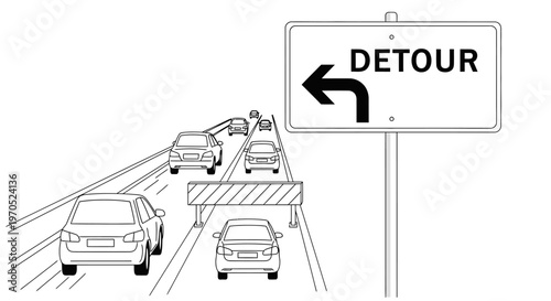 Detour road sign with cars.