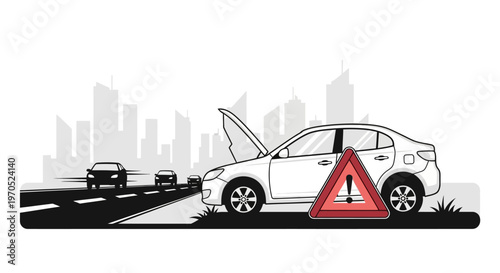 Car with warning triangle on side.