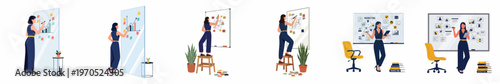 Illustrations of a businesswoman brainstorming, planning marketing strategies, and analyzing data on whiteboards and glass boards in a modern office.
