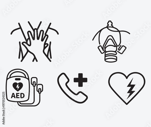First Aid and CPR Life Saving Icons Set, Emergency Medical Rescue Symbols featuring AED, Chest Compressions, Oxygen Mask, and Heart Attack Defibrillation